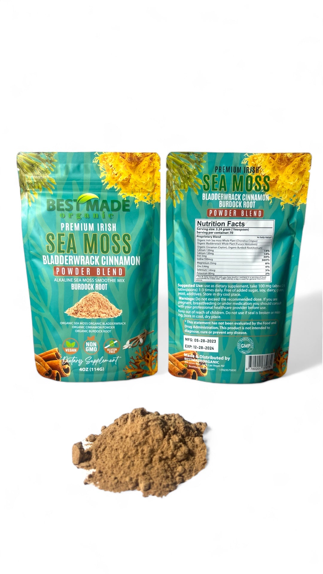 Organic Earth Irish Sea Moss Powder 8oz - Wildcrafted Sea Moss Organic with Bladderwrack & Burdock Root Powder